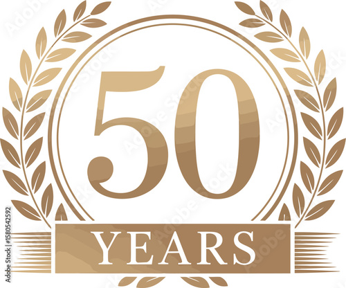 golden 50-year anniversary emblem with laurel wreath and banner design on white background, celebrating five-decade milestone in style