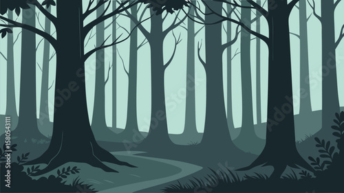 Mysterious forest path through tall dark trees under a pale sky