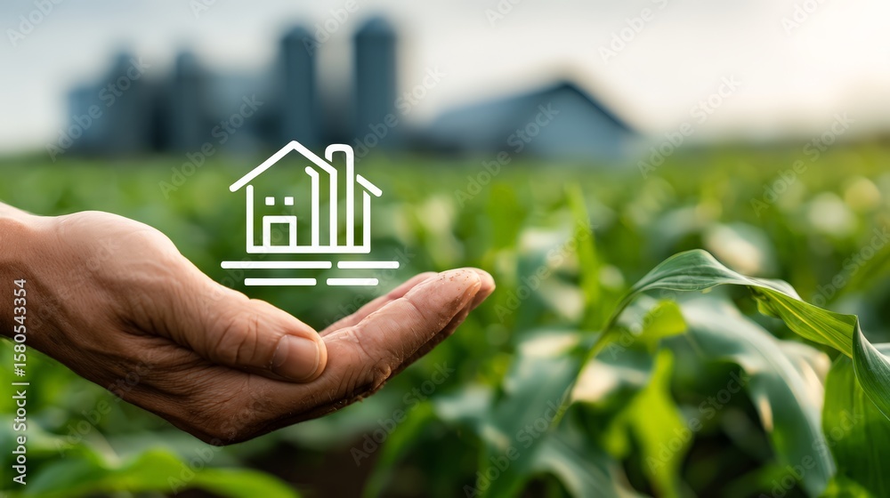 Hand holding symbol of farm and crops representing sustainable agriculture practices. Hand holding symbol of farm and crops representing sustainable agriculture practices.