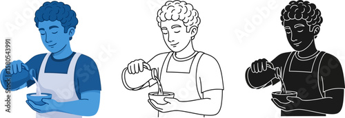 Man pouring liquid into bowl vector illustration set kitchen concept cooking preparation recipe design