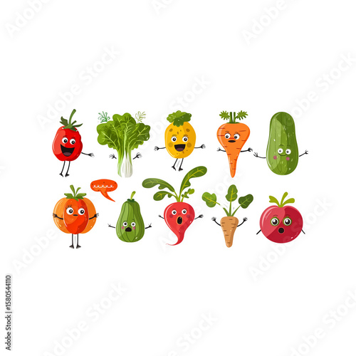 funny vegetable characters with speech bubbles, cartoon sticker