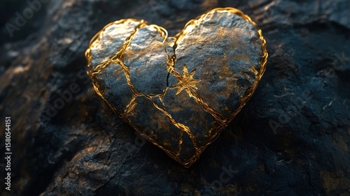 A metallic, cracked heart rests on dark rock.  Golden seams highlight the fracture