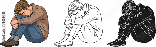Illustration of sad man in fetal position for mental health awareness and depression concept art drawing