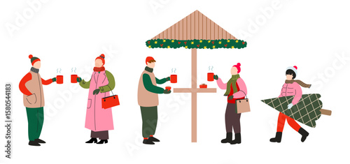 People enjoying mulled wine and Christmas shopping at festive outdoor market. Holiday shopping and winter celebration concept.
