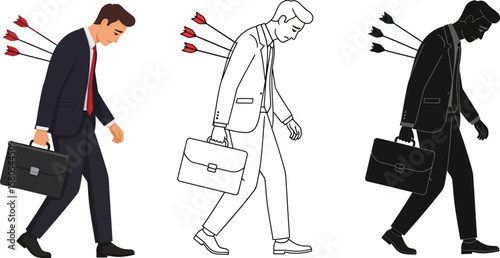 Stressed businessman hit by arrows concept of failure and criticism in business and work pressure idea