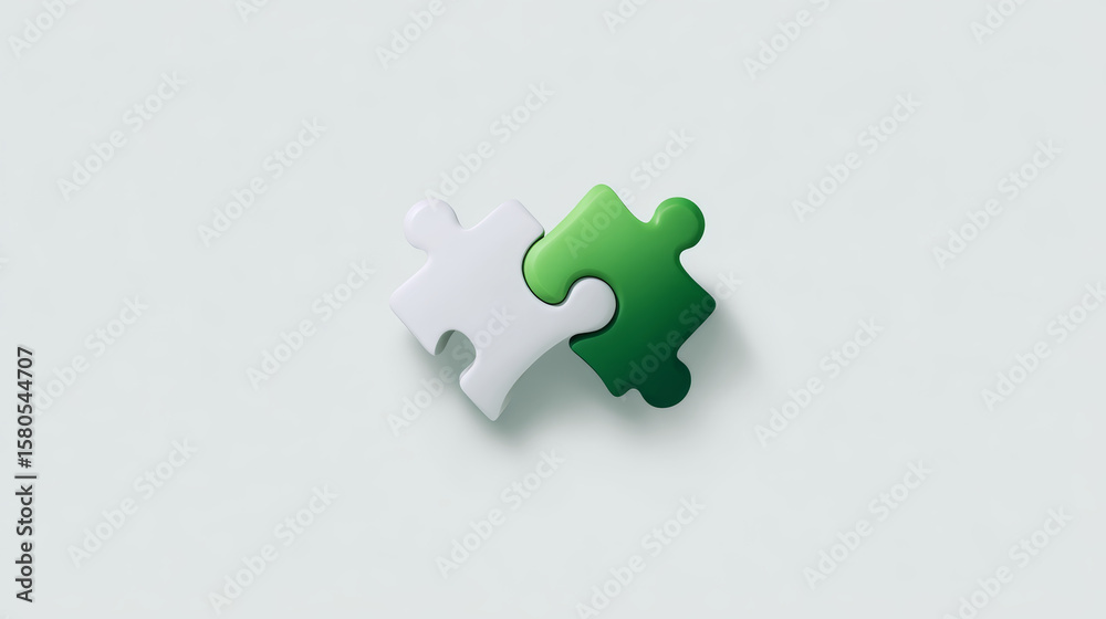 Obraz premium Two puzzle pieces fitting together illustrate teamwork and a collaborative solution.