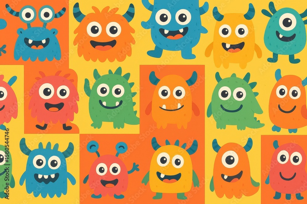 Obraz premium Playful Monster Pattern with Colorful Monsters in Bright Orange, Green, and Blue
