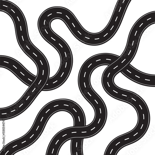 Abstract illustration of winding roadways in black and white, seamless pattern