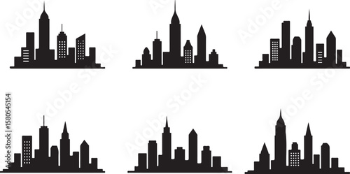 Black silhouette cityscape collection illustrating urban skylines architecture and modern design