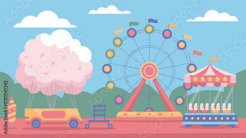 Vector SVG Illustration of Fairground Rides with Colorful Ferris Wheel and Carousel in Flat Modern Style
