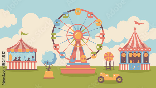Vector SVG Illustration of Amusement Park Ferris Wheel with Carousels and Carnival Elements in Flat Modern Style Bright Colors