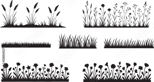 Black silhouettes of grass and wildflowers border designs for decorative nature elements