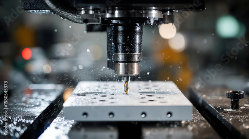 Fototapeta Naklejka Na Ścianę i Meble -  A close-up shot of a vertical milling machine, working over a white plexiglass sheet with small holes, on which is placed a black acrylic block. precision engineering. 3d illustration.