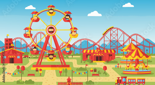 Vector SVG Illustration of Amusement Park with Ferris Wheel Roller Coaster and Carousel in Flat Modern Style with Bright Colors for Web and Digital Use