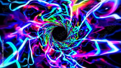 Colorful abstract spiral tunnel with vibrant neon lights and intricate patterns moving towards the center