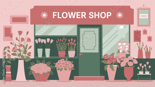 Vector SVG Illustration of Flower Shop Facade with Floral Displays in Modern Flat Style with Pastel Pink and Green Color Palette