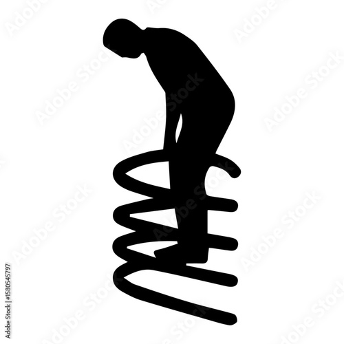 Vector art of a person bounces on a large metal spring, captured in silhouette against a transparent background