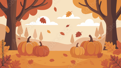 Scenic Fall Landscape Vector SVG Illustration with Pumpkins and Trees in Minimalist Flat Design