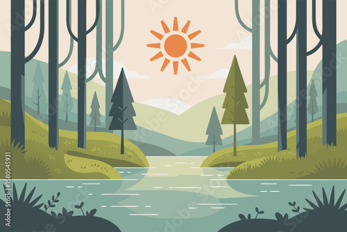 Minimalist Vector SVG Illustration of Forest Landscape with Sun in Flat Design Style for Digital Media