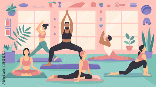 Minimalist Vector SVG Illustration of Yoga Class Scene in Flat Design Style with Diverse Poses and Soft Pastel Colors