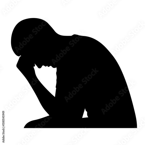 Vector art of silhouette of a man with his head in his hands, conveying deep sadness and despair, isolated on a transparent background