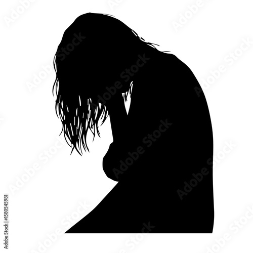 Vector art of silhouette of a woman with her head bowed and hand to her face, expressing profound sadness and emotional distress, isolated on white isolated on transparent background