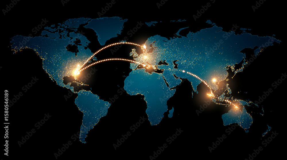 Fototapeta premium A stunning visual of a world map illustrating global networks and digital connections across continents.