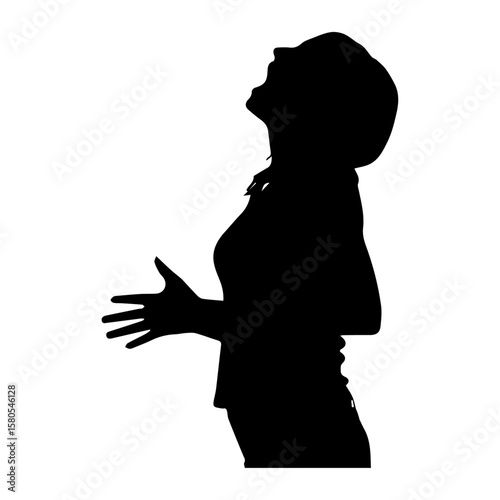 Vector art of silhouette of a woman with hands open and head tilted back, isolated on a transparent background