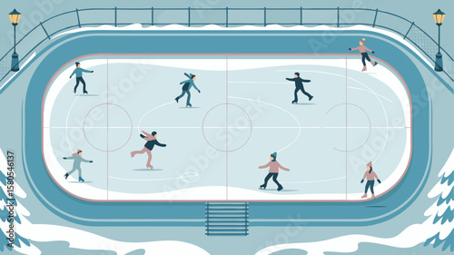Vector SVG Illustration of Ice Skating Rink Scene with Skaters in Modern Flat Style featuring Light Blue Color Palette