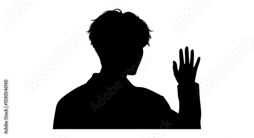 Vector art of a mans silhouette in profile, with his hand raised as if waving hello or goodbye isolated on transparent background