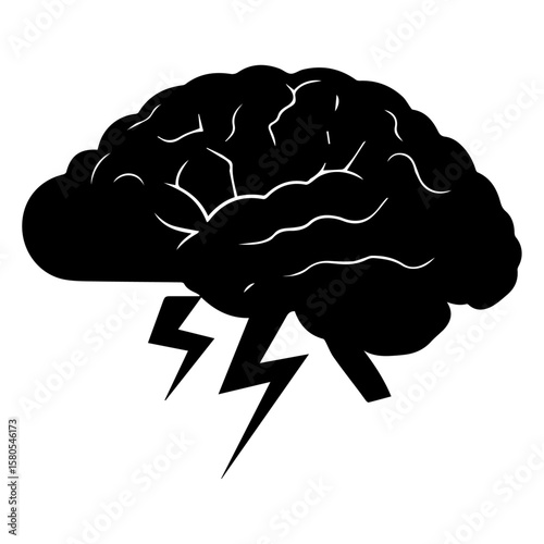 Vector art of a black silhouette of a human brain with lightning bolts striking from below, symbolizing a powerful idea or mental storm isolated on transparent background