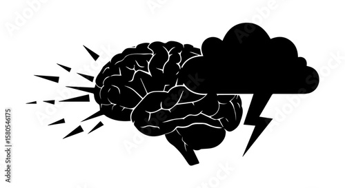 Vector art of a brain experiencing a mental storm with lightning and radiating energy, symbolizing intense thought or creativity isolated on transparent background