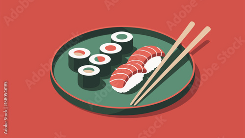 Minimalist Vector SVG Illustration of Sushi on Green Plate with Chops in Flat Style in Red Background
