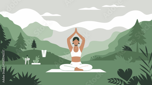 Minimalist Vector SVG Illustration of a Woman Yoga Pose in Nature Style with Green Landscape and Cloud Elements