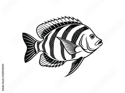 Detailed black and white illustration of a tilapia fish, a popular species