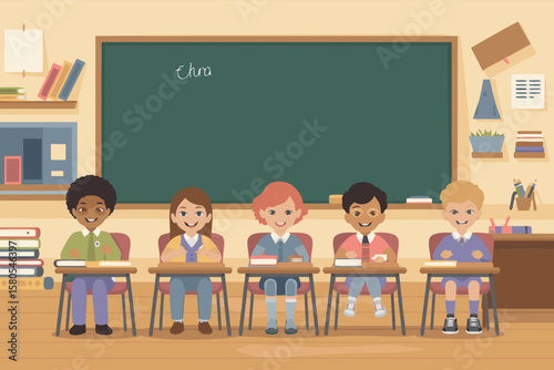 Vector SVG Illustration of Classroom Scene with Students and Blackboard in Modern Flat Style Bright Colors
