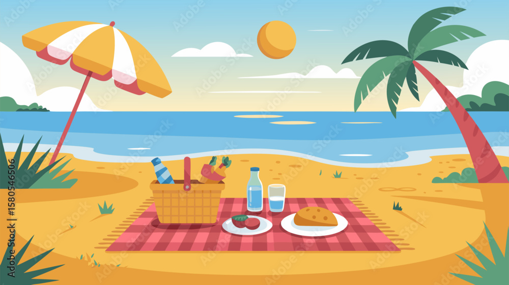 Fototapeta premium Vector SVG Illustration of Beach Scene with Picnic Setup in Modern Flat Style with Bright Colors