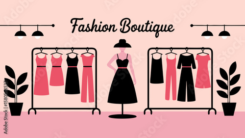 Minimalist Vector SVG Fashion Boutique Illustration with Clothing Racks and Dress Forms in Soft Pink and Black Style