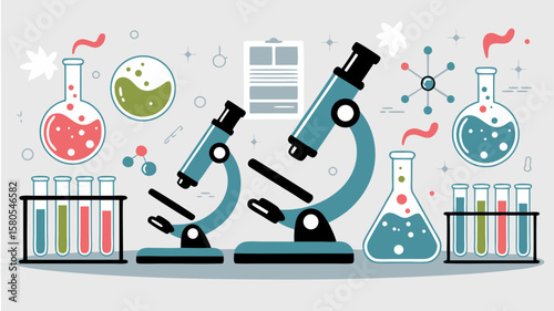 Vector Scientific Laboratory SVG Illustration with Microscopes Beakers Test Tubes and Chemical Flasks in Flat Modern Style