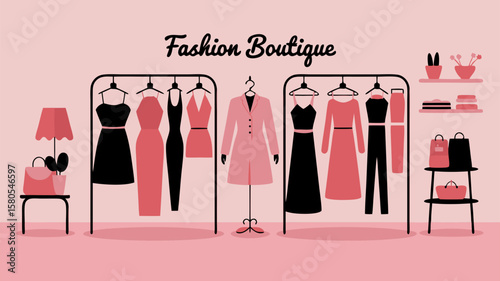 Minimalist Vector SVG Illustration of Fashion Boutique Display with Clothing Racks and Accessories in Flat Design Style with Pink Color Scheme