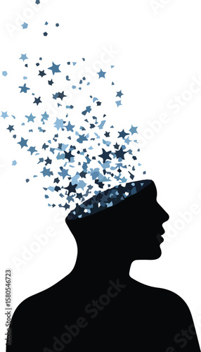 Vector art of a silhouette of a persons head with a burst of stars emanating from the top, symbolizing ideas isolated on transparent background