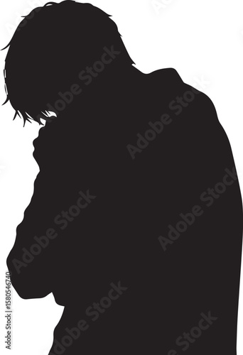 Vector art of a dark silhouette of a man with his head bowed in apparent sadness and despair, isolated on white isolated on transparent background