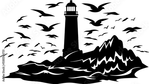Silhouette of a lighthouse on a rocky coast with birds flying around on a cloudy day ocean view