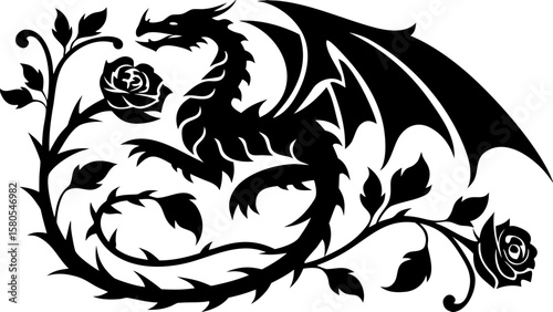 Black dragon with wings and roses in a decorative floral arrangement in silhouette style design