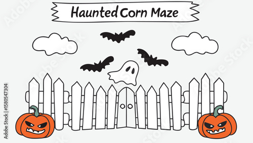 Illustration of a haunted corn maze scene with bats, ghost, pumpkins, and a picket fence design