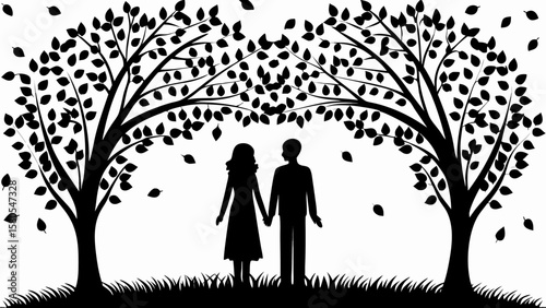 Silhouette of a couple holding hands under trees with falling leaves in black and white illustration