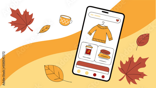 Mobile app interface displaying clothing items with falling autumn leaves and a cup of coffee design elements