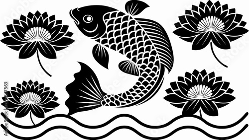 Black and white illustration of a koi fish swimming among water lilies in a pond scene design