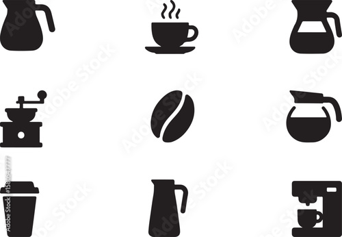 Various silhouetted icons representing different aspects of coffee brewing and consumption