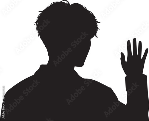Vector art of a mans silhouette in profile, with his hand raised as if waving hello or goodbye isolated on transparent background